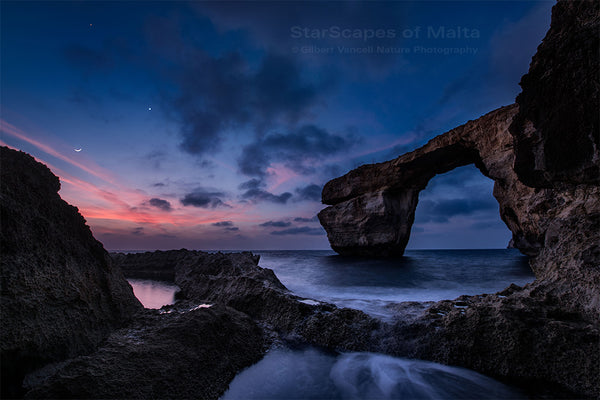 Moon, Mars and Venus triangle at the Azure Window